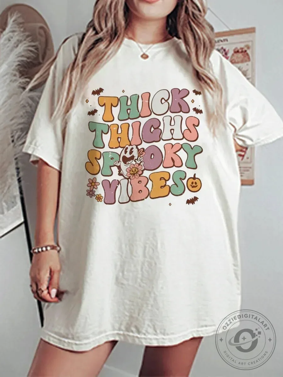 Thick Thighs Spooky Vibes Halloween Graphic T-Shirt