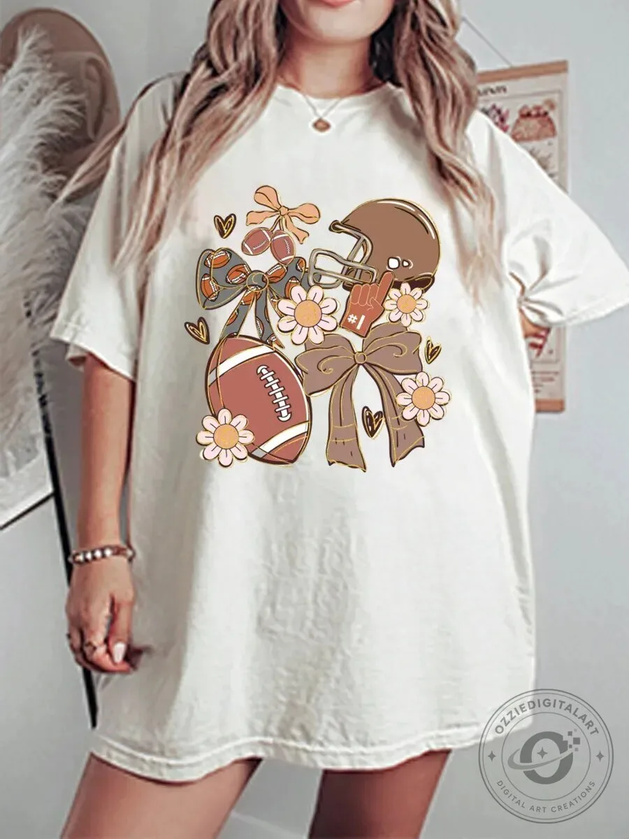 Vintage Football Coquette Bows and Flowers Graphic Oversized T-Shirt