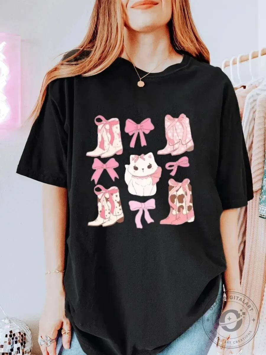 Cute Pink Bow Cowboy Boots and Cat Aesthetic Graphic Oversized T-Shirt