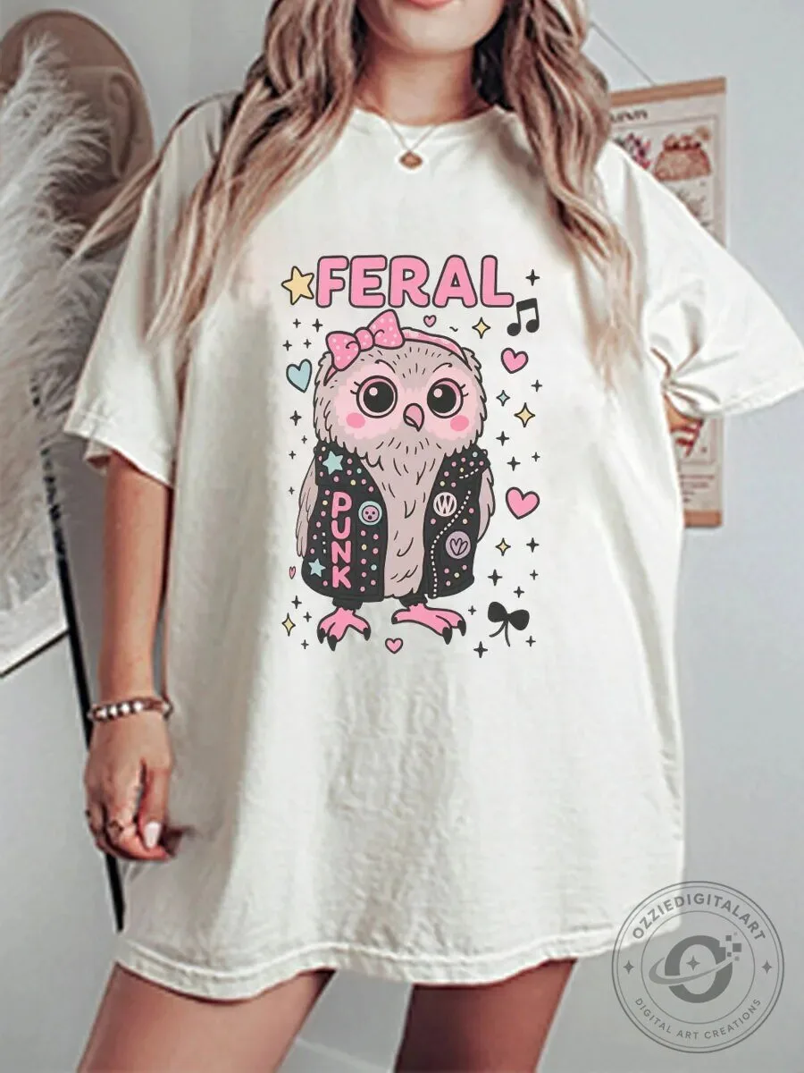 Feral Punk Owl Cute Graphic Oversized Cream Cotton T-Shirt for Women