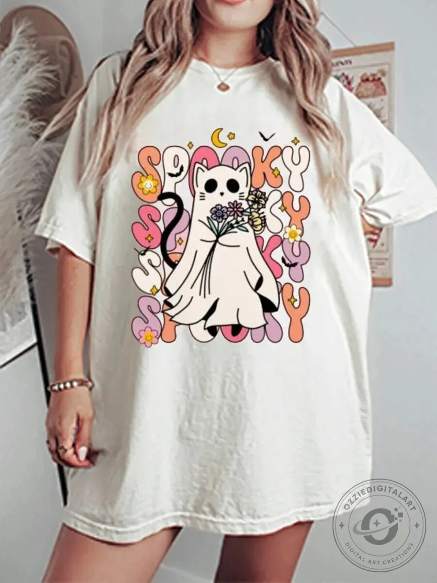 Spooky Ghost Cat Holding Flowers Halloween Graphic T-Shirt