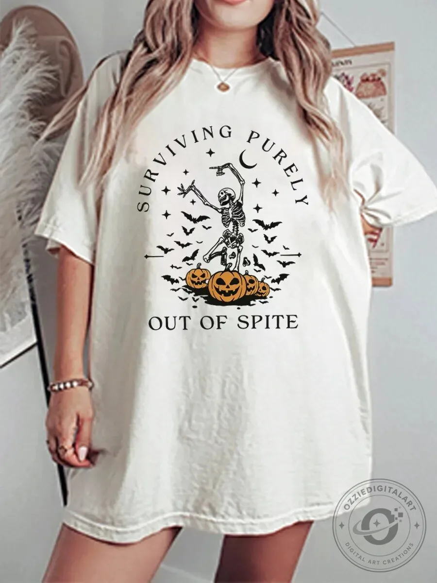Surviving Purely Out Of Spite Halloween Skeleton Pumpkin Graphic T-Shirt