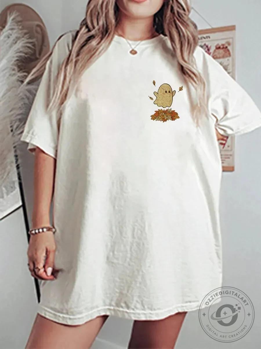 Cute Ghost Autumn Leaves Fall Halloween Spooky Season Graphic T-Shirt