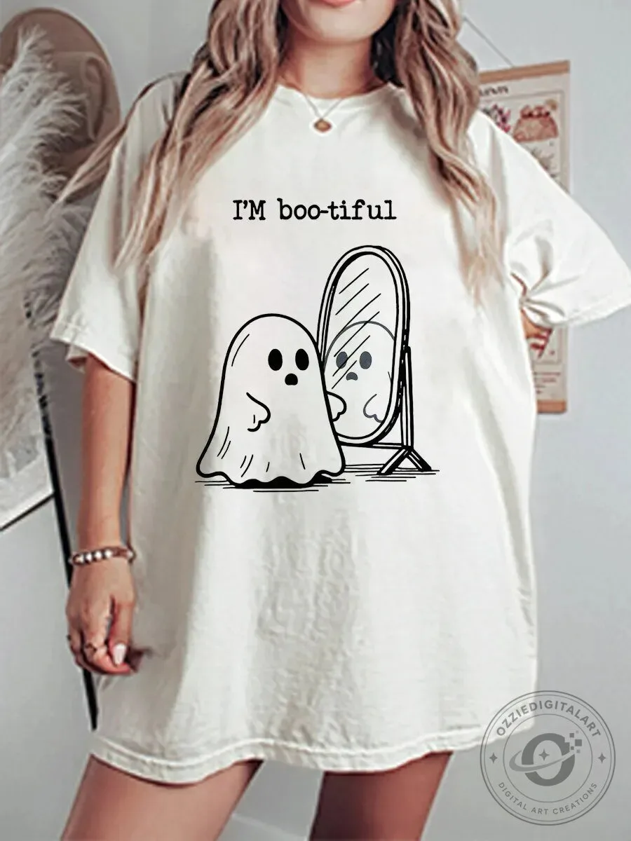 I'm Boo-tiful Ghost Looking in Mirror Funny Halloween Graphic T-Shirt