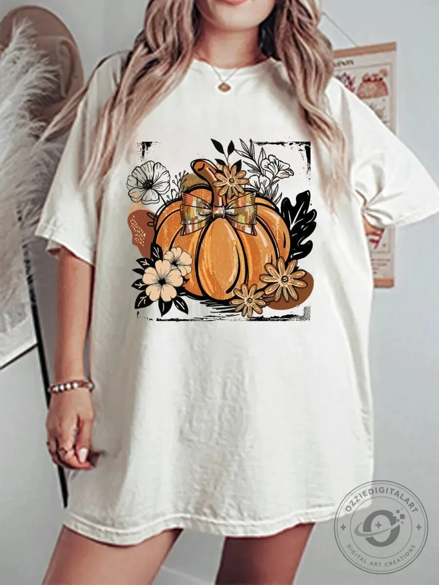 Vintage Floral Fall Pumpkin Oversized Graphic T-Shirt
