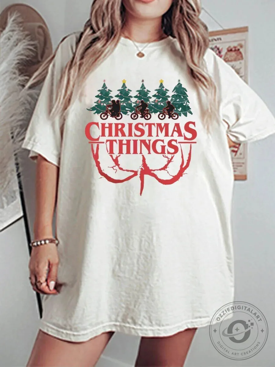 Stranger Things Christmas Tree Bike Ride Graphic Oversized T-Shirt