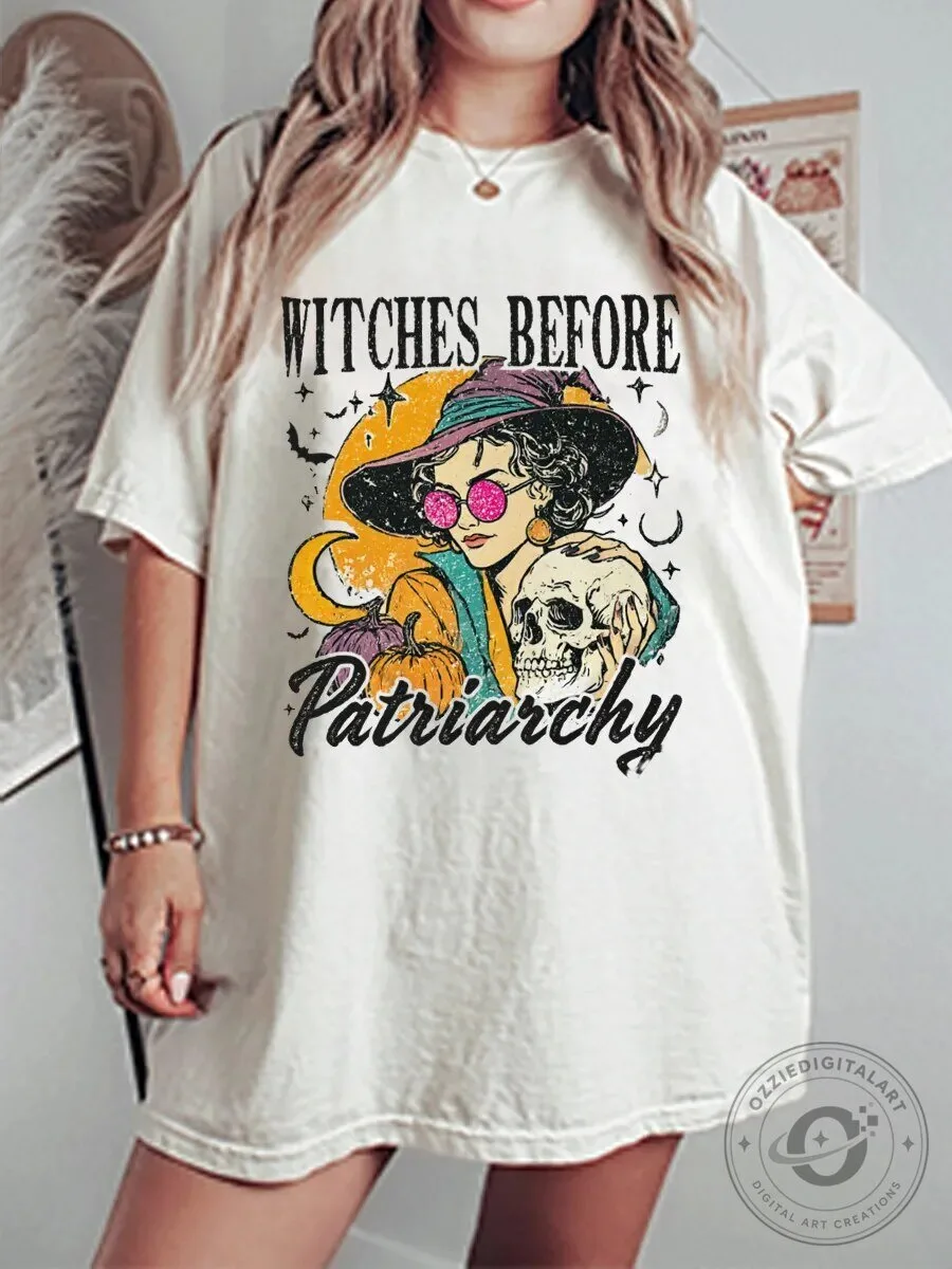 Witches Before Patriarchy Feminist Halloween Witchy Skull Graphic T-Shirt